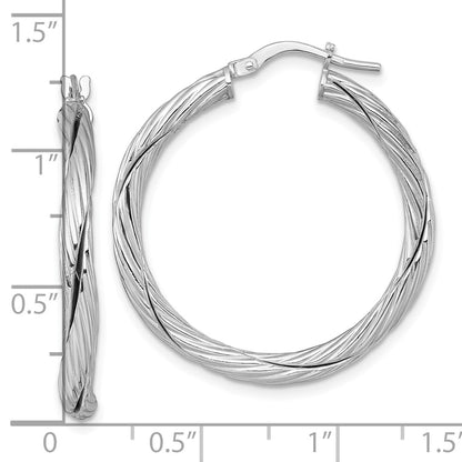 Sterling Silver Rhodium Plated Polished and Twisted Round Hoop Earrings