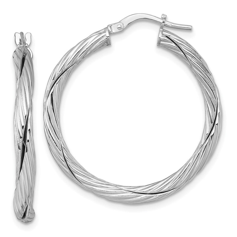 Sterling Silver Rhodium Plated Polished and Twisted Round Hoop Earrings
