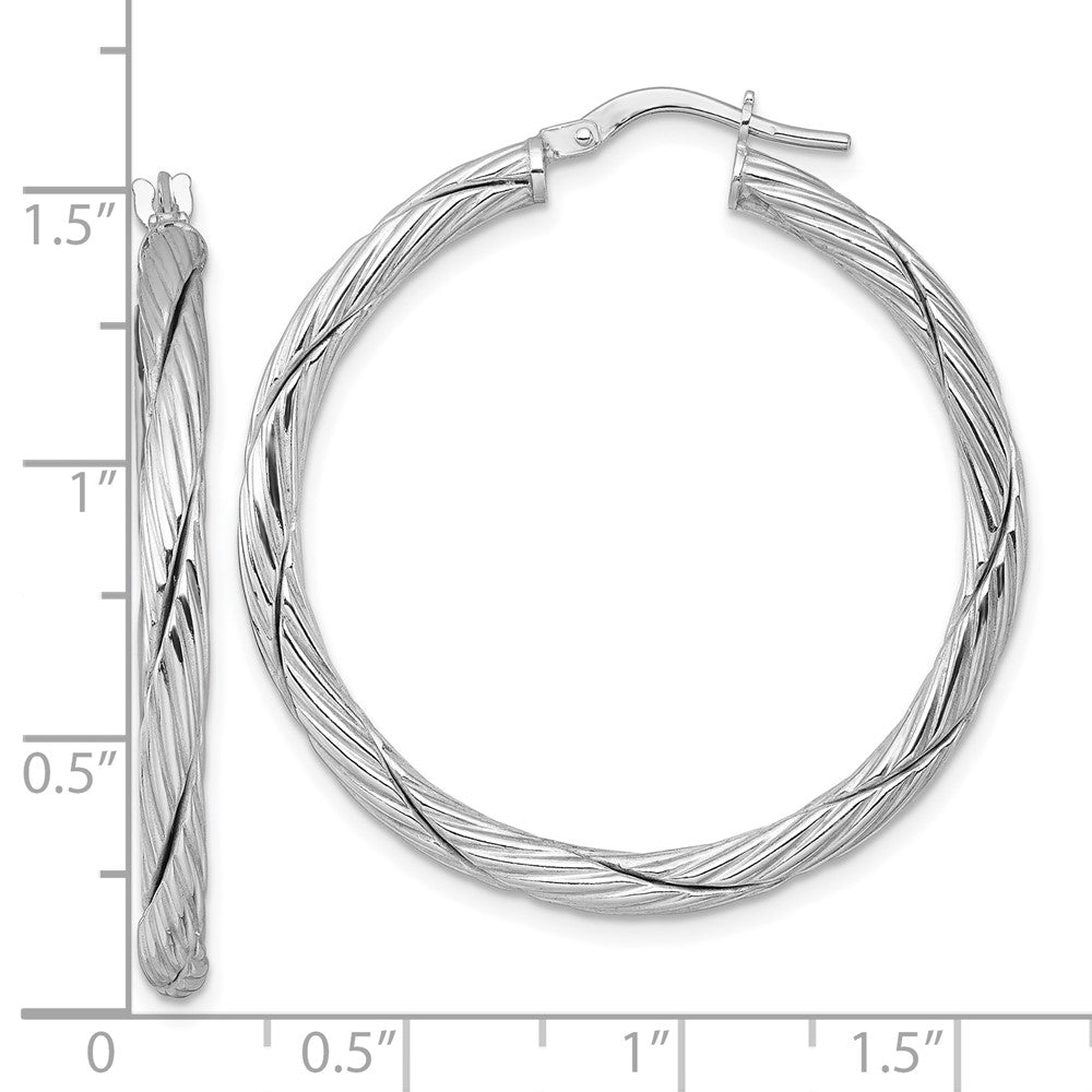 Sterling Silver Rhodium Plated Polished and Twisted Round Hoop Earrings