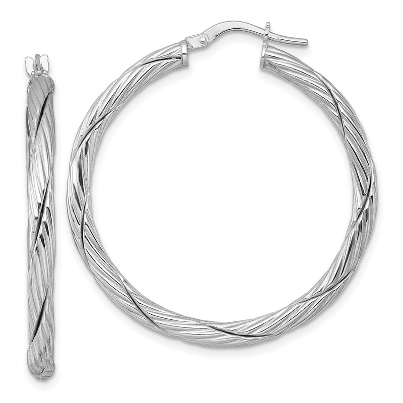Sterling Silver Rhodium Plated Polished and Twisted Round Hoop Earrings