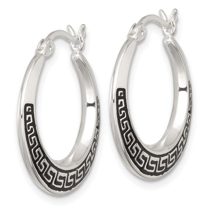 Sterling Silver Polished and Enameled Greek Key Hoop Earrings