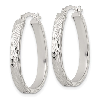 Sterling Silver Polished Diamond-Cut 4.0mm Oval Hoop Earrings