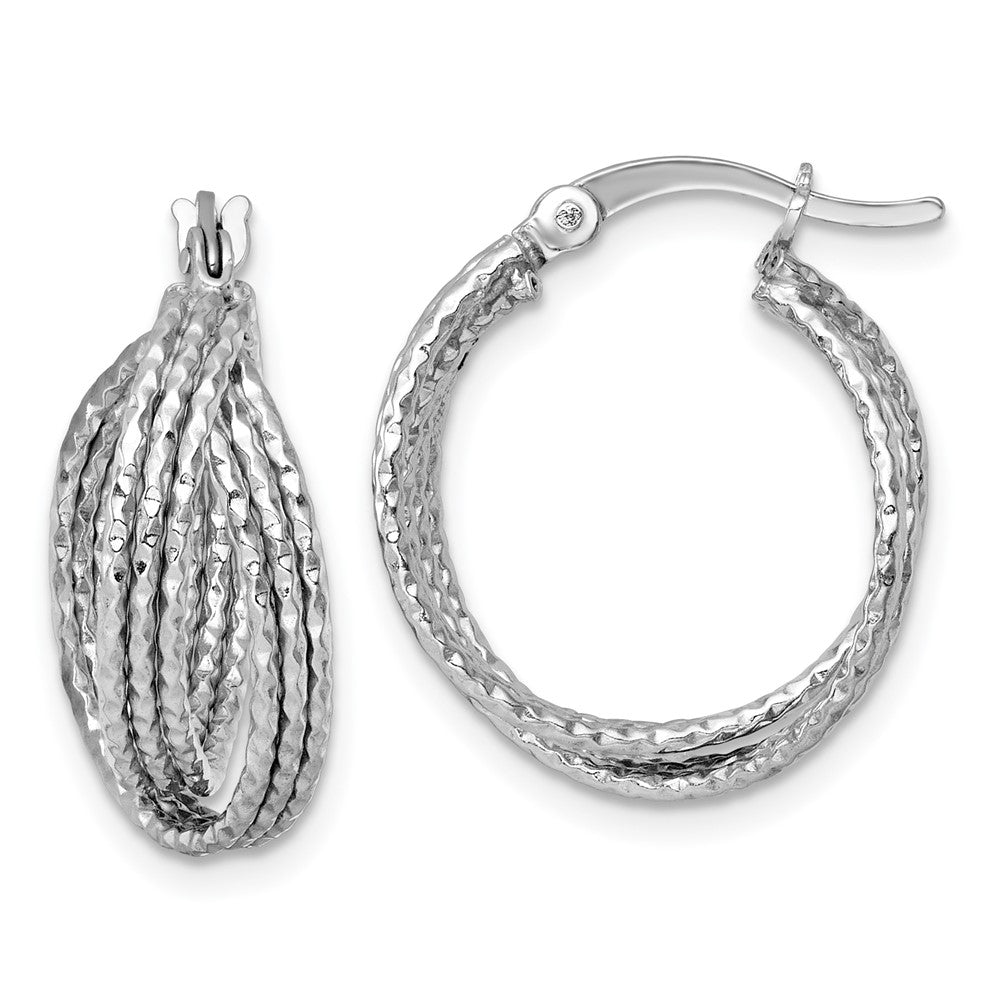 Sterling Silver Rhodium Plated Textured 20.0mm Crisscross Round Hoop Earrings