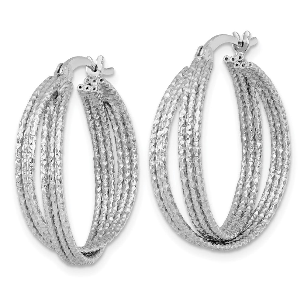 Sterling Silver Rhodium Plated Textured 25.0mm Crisscross Round Hoop Earrings