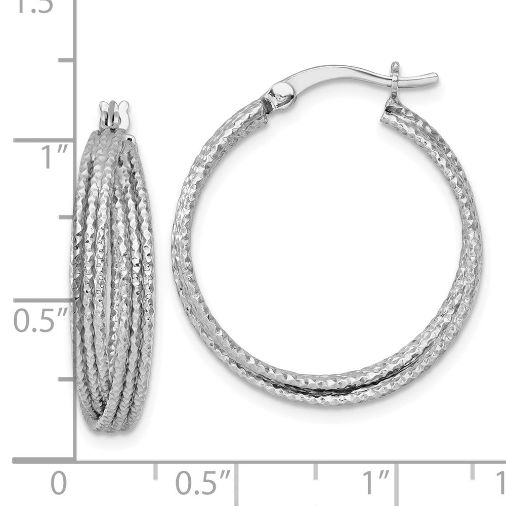Sterling Silver Rhodium Plated Textured 25.0mm Crisscross Round Hoop Earrings