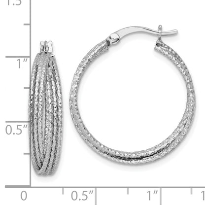 Sterling Silver Rhodium Plated Textured 25.0mm Crisscross Round Hoop Earrings