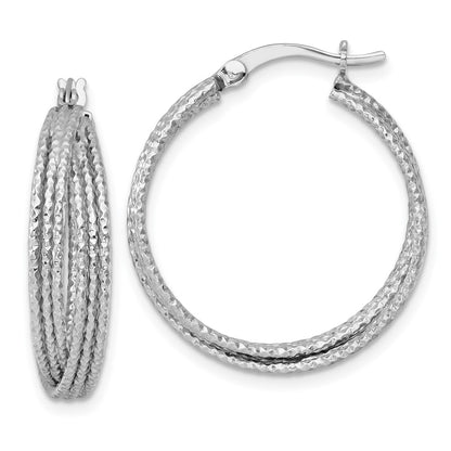 Sterling Silver Rhodium Plated Textured 25.0mm Crisscross Round Hoop Earrings