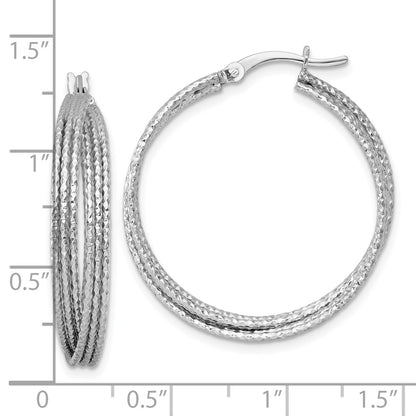Sterling Silver Rhodium Plated Textured 31.0mm Crisscross Round Hoop Earrings