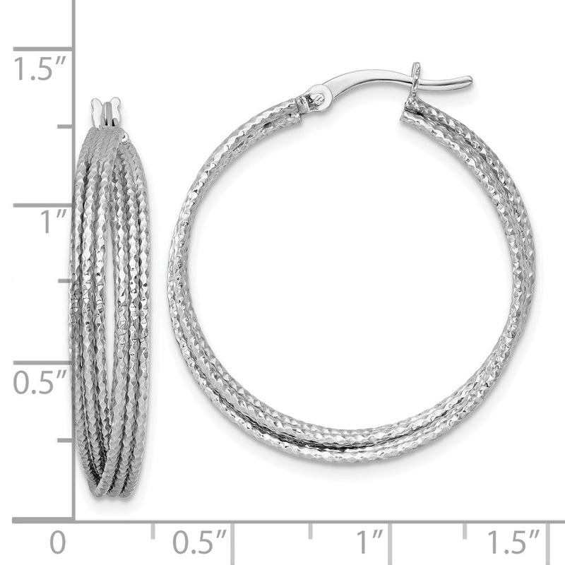 Sterling Silver Rhodium Plated Textured 31.0mm Crisscross Round Hoop Earrings