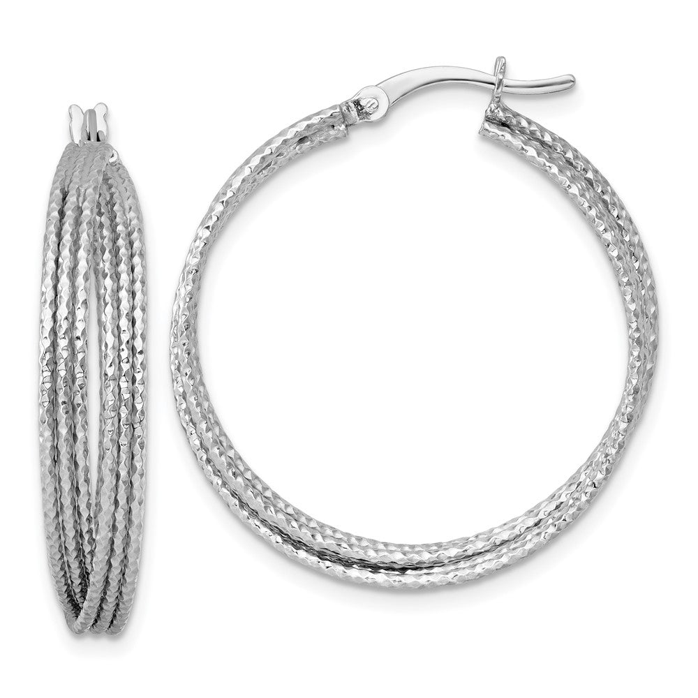 Sterling Silver Rhodium Plated Textured 31.0mm Crisscross Round Hoop Earrings