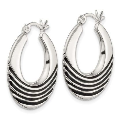 Sterling Silver Polished with Black Enamel Round Hoop Earrings
