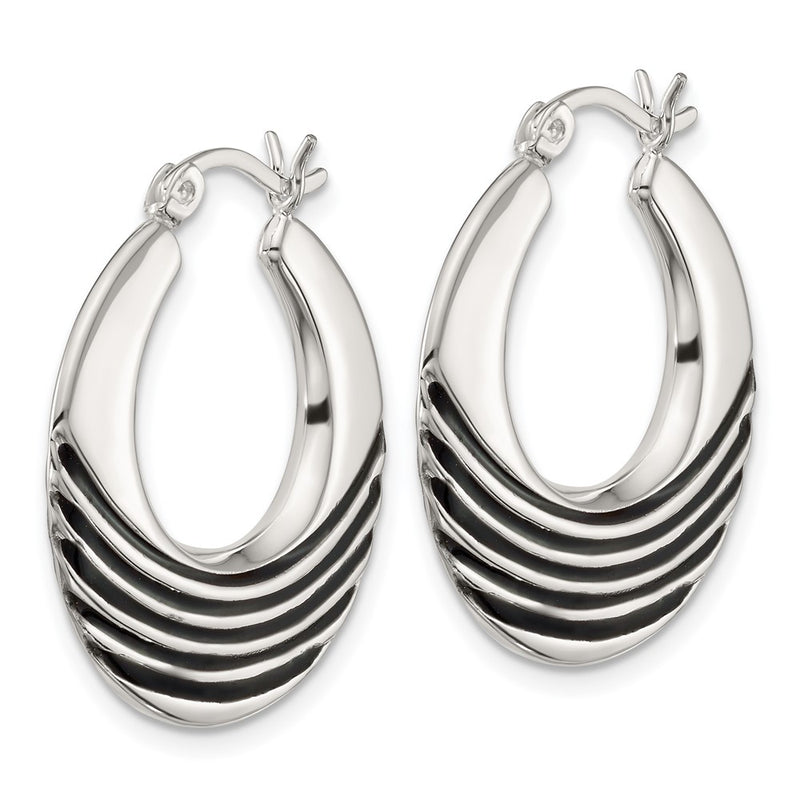 Sterling Silver Polished with Black Enamel Round Hoop Earrings