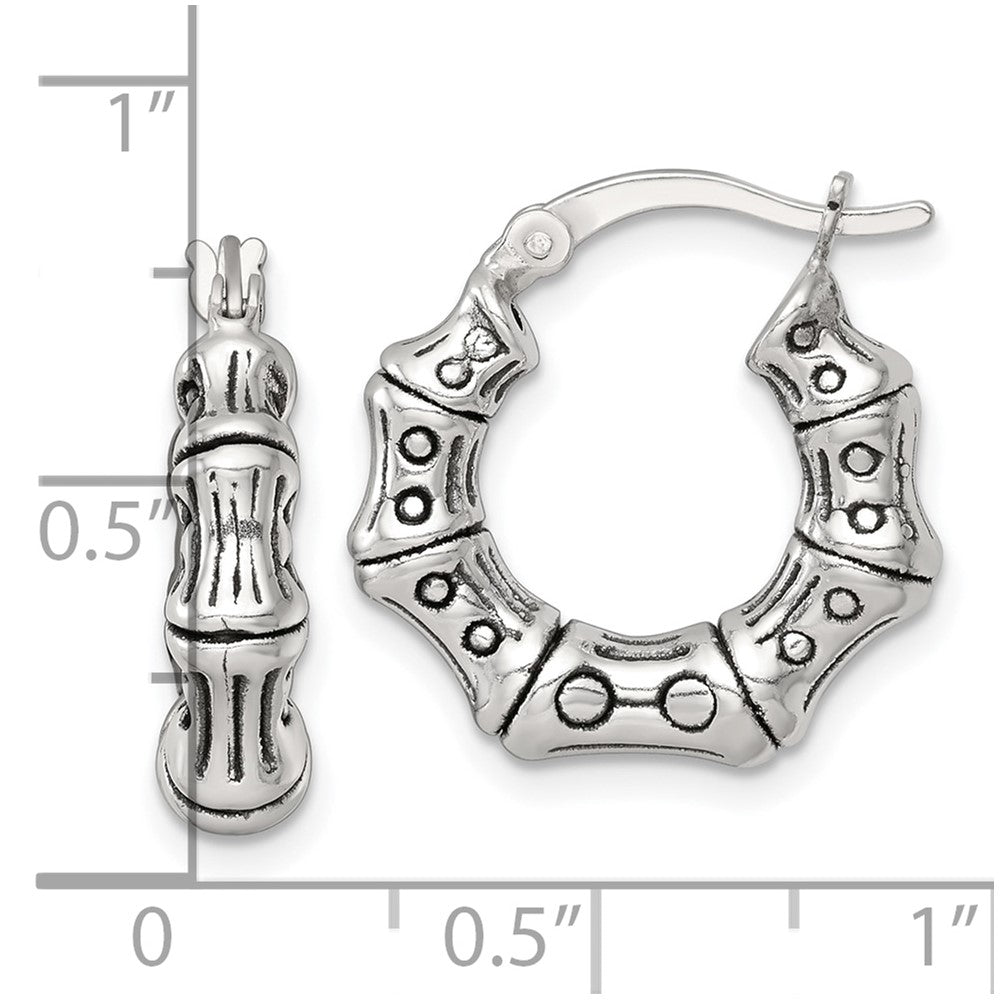 Sterling Silver Antiqued Textured Bamboo Round Hoop Earrings
