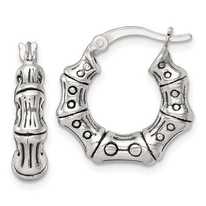 Sterling Silver Antiqued Textured Bamboo Round Hoop Earrings
