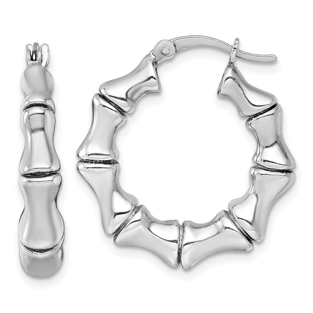 Sterling Silver Rhodium Plated Polished Bamboo Round Hoop Earrings
