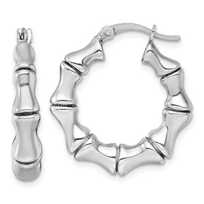 Sterling Silver Rhodium Plated Polished Bamboo Round Hoop Earrings