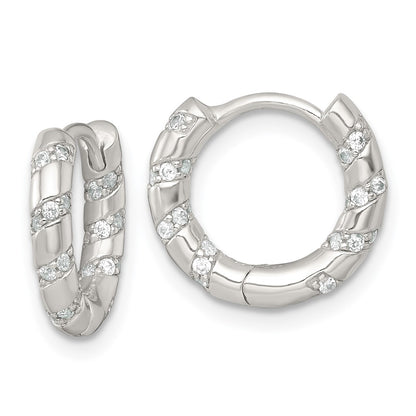 Sterling Silver Polished CZ Hinged Round Hoop Earrings