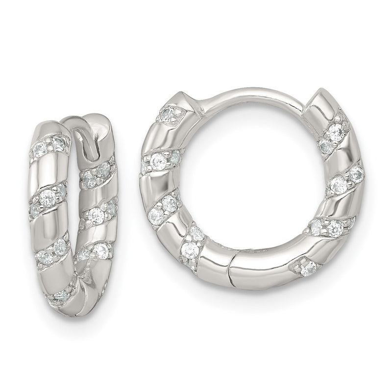 Sterling Silver Polished CZ Hinged Round Hoop Earrings