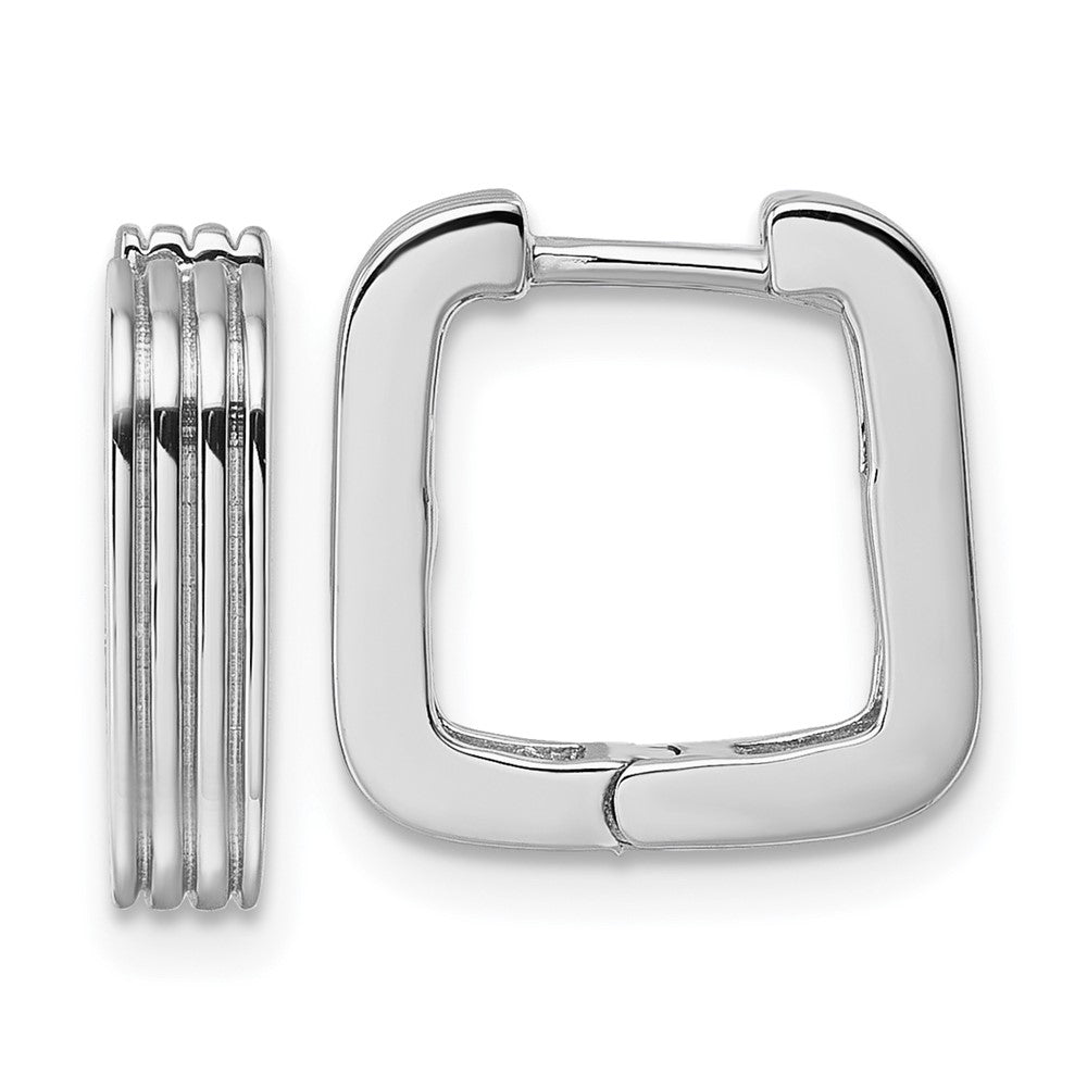 Sterling Silver Rhodium-Plated Polished and Grooved Square Hoop Earrings