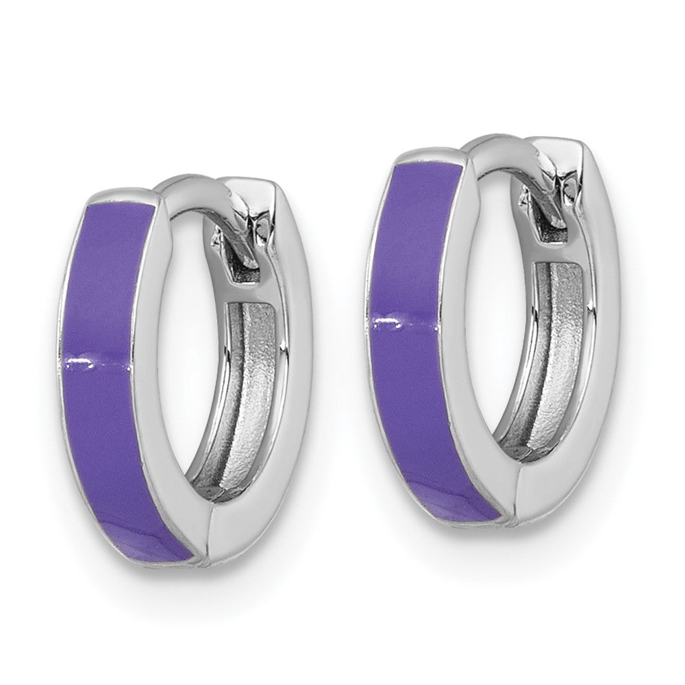 Sterling Silver Rhodium Plated Purple Enameled Hinged Round Hoop Earrings