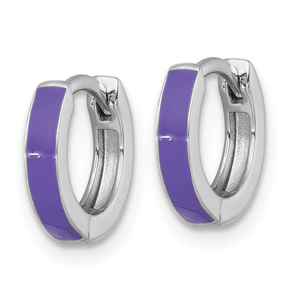 Sterling Silver Rhodium Plated Purple Enameled Hinged Round Hoop Earrings