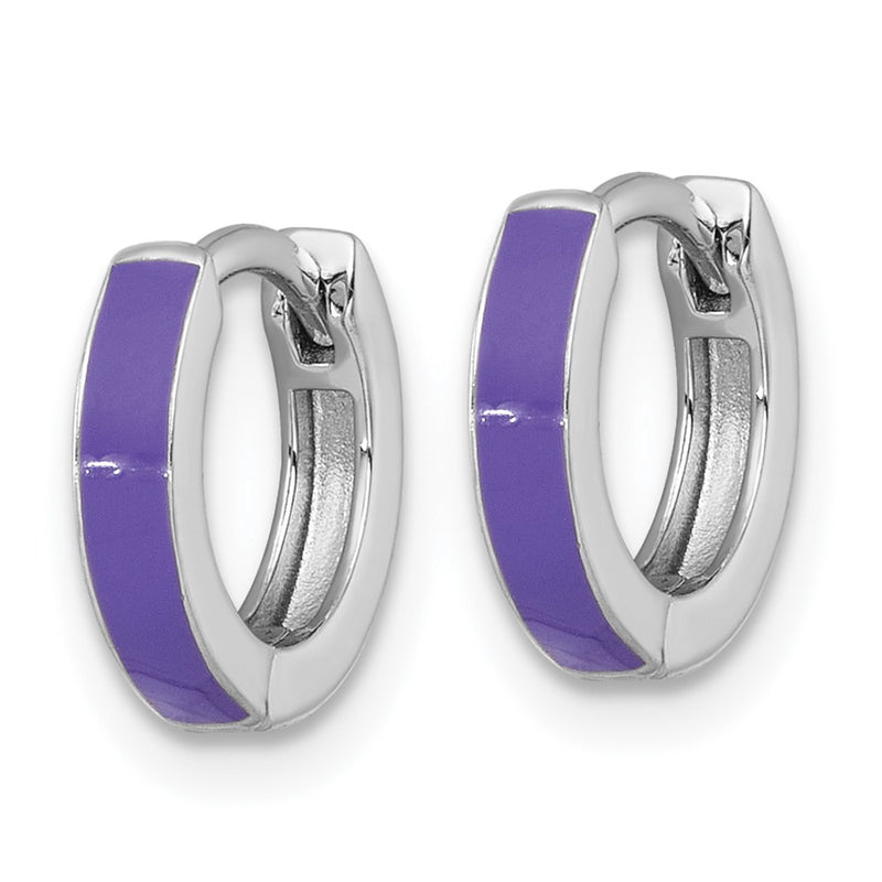 Sterling Silver Rhodium Plated Purple Enameled Hinged Round Hoop Earrings