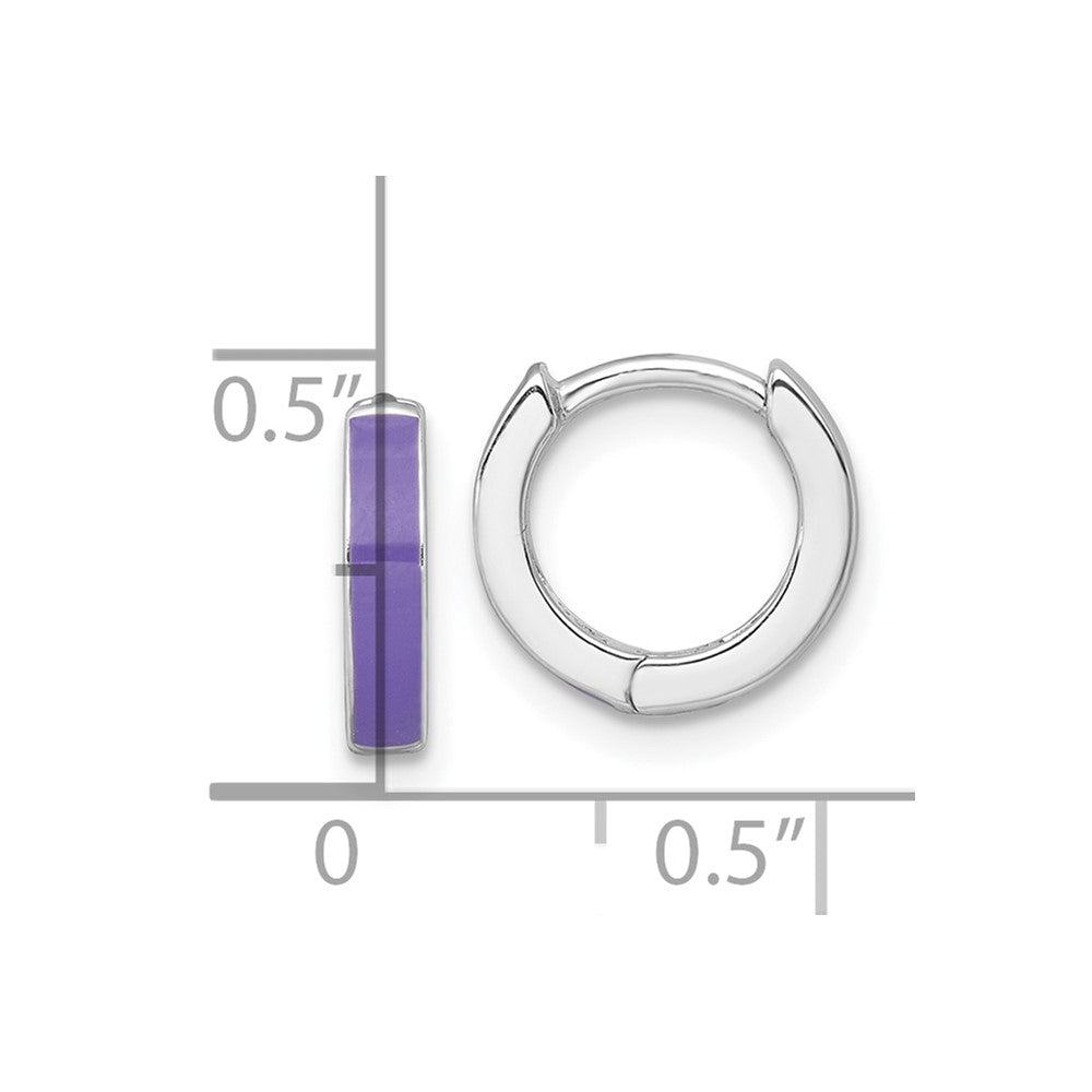Sterling Silver Rhodium Plated Purple Enameled Hinged Round Hoop Earrings