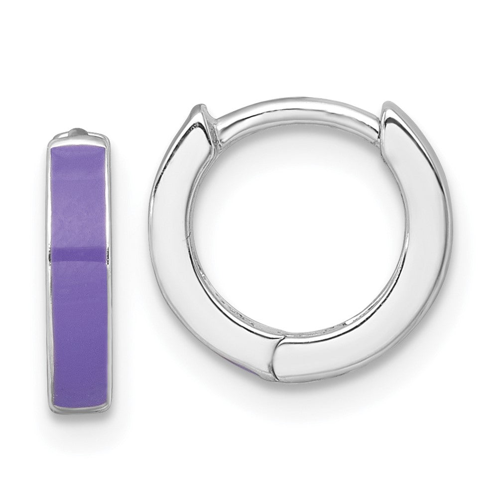 Sterling Silver Rhodium Plated Purple Enameled Hinged Round Hoop Earrings