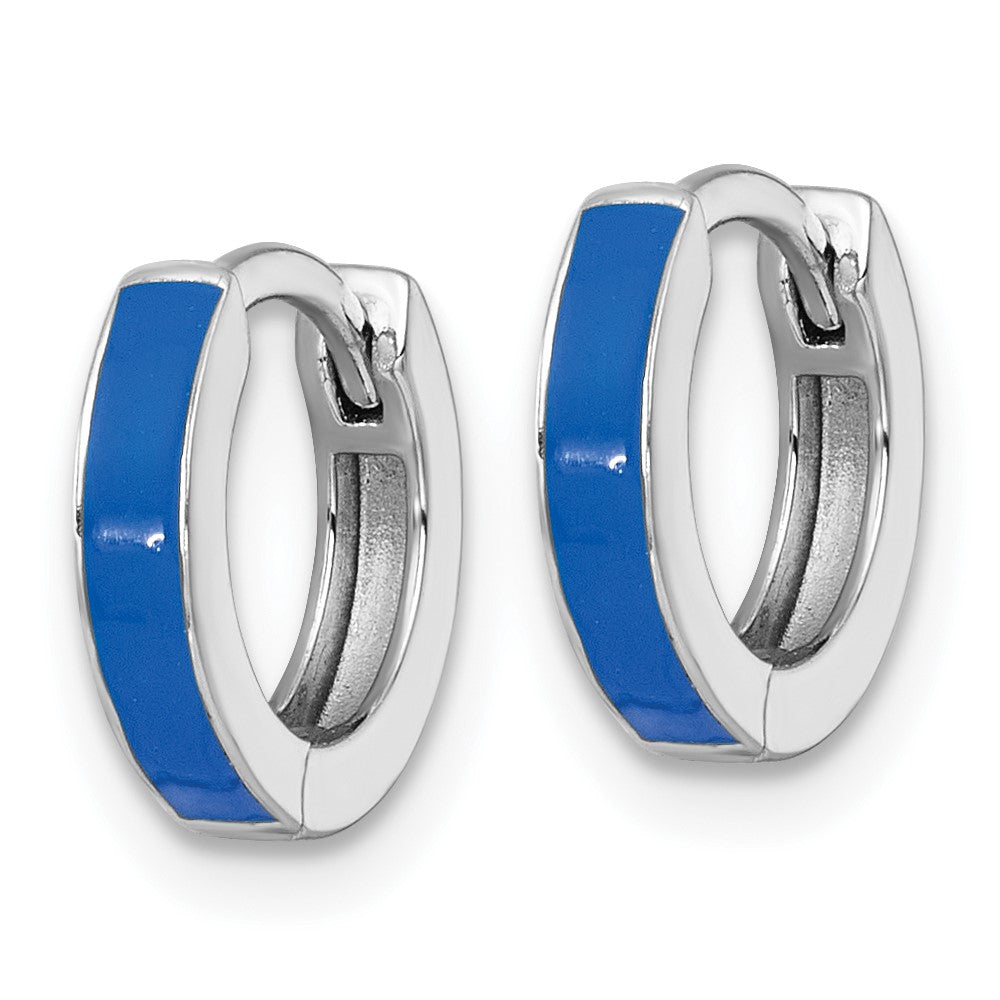 Sterling Silver Rhodium Plated Blue Enameled Hinged Round Hoop Earrings