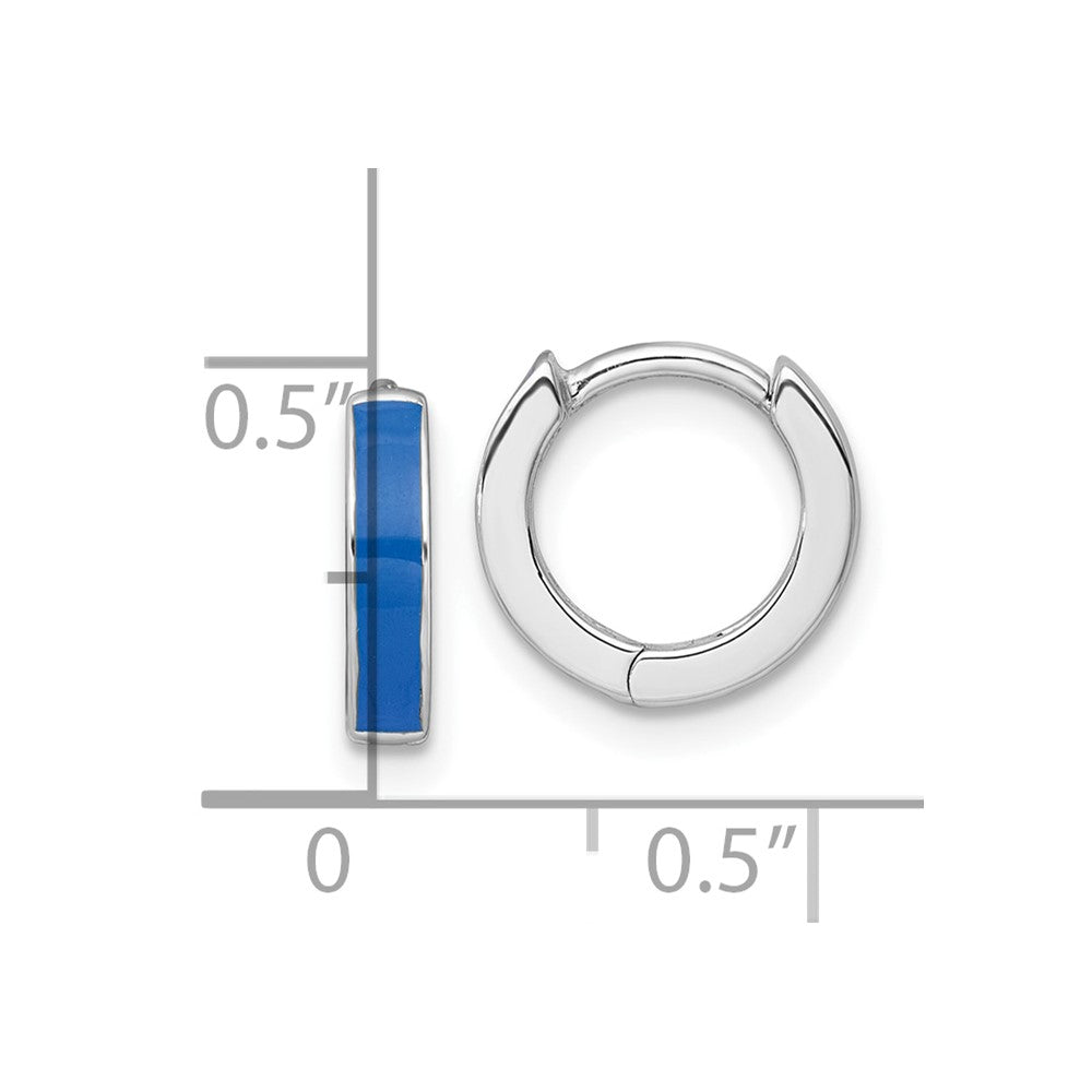 Sterling Silver Rhodium Plated Blue Enameled Hinged Round Hoop Earrings