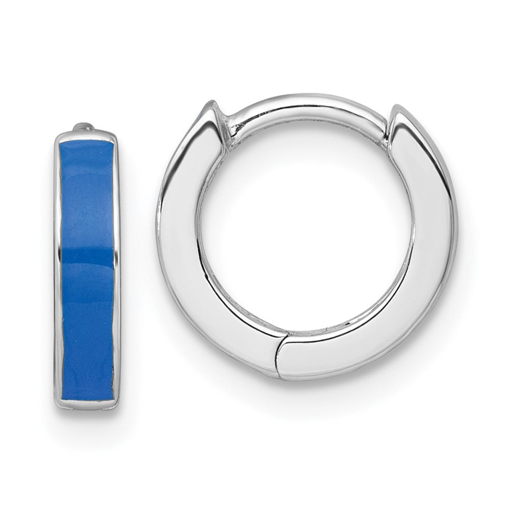 Sterling Silver Rhodium Plated Blue Enameled Hinged Round Hoop Earrings