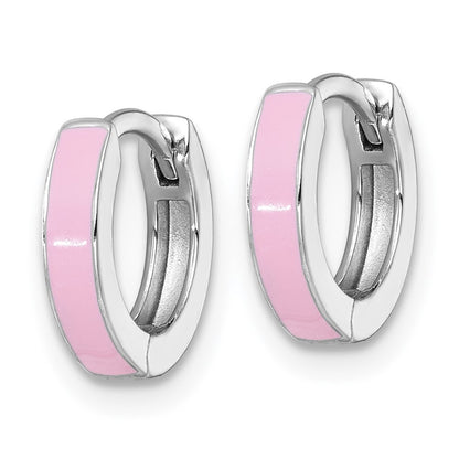 Sterling Silver Rhodium Plated Pink Enameled Hinged Round Hoop Earrings