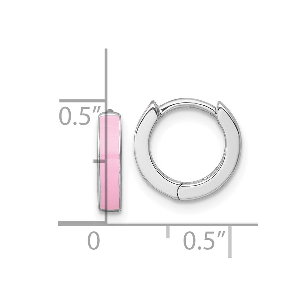 Sterling Silver Rhodium Plated Pink Enameled Hinged Round Hoop Earrings