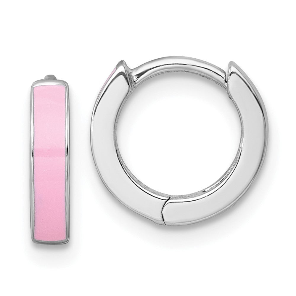 Sterling Silver Rhodium Plated Pink Enameled Hinged Round Hoop Earrings