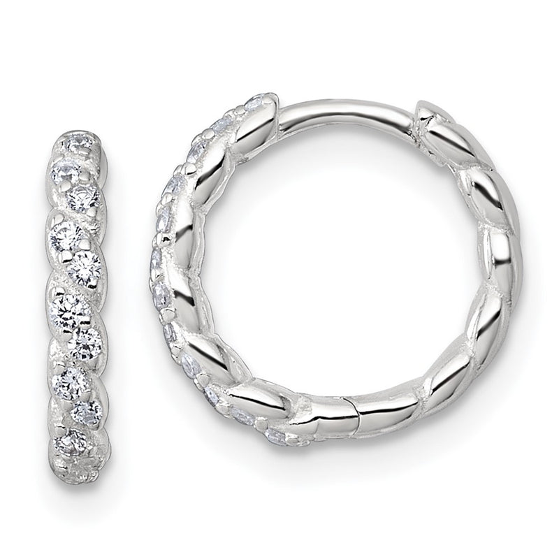 Sterling Silver Polished and Twisted 2.2mm CZ Hinged Round Hoop Earrings