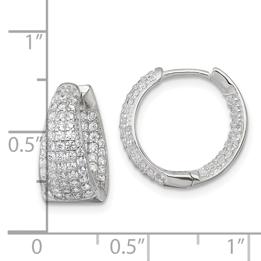 Sterling Silver Polished Tapered in and Out CZ Hinged Round Hoop Earrings