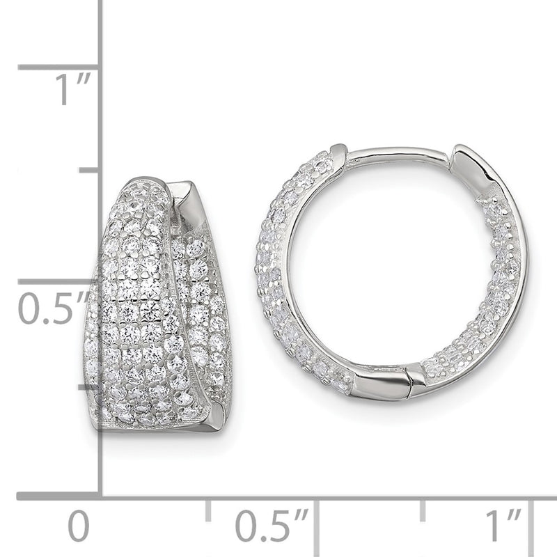 Sterling Silver Polished Tapered in and Out CZ Hinged Round Hoop Earrings