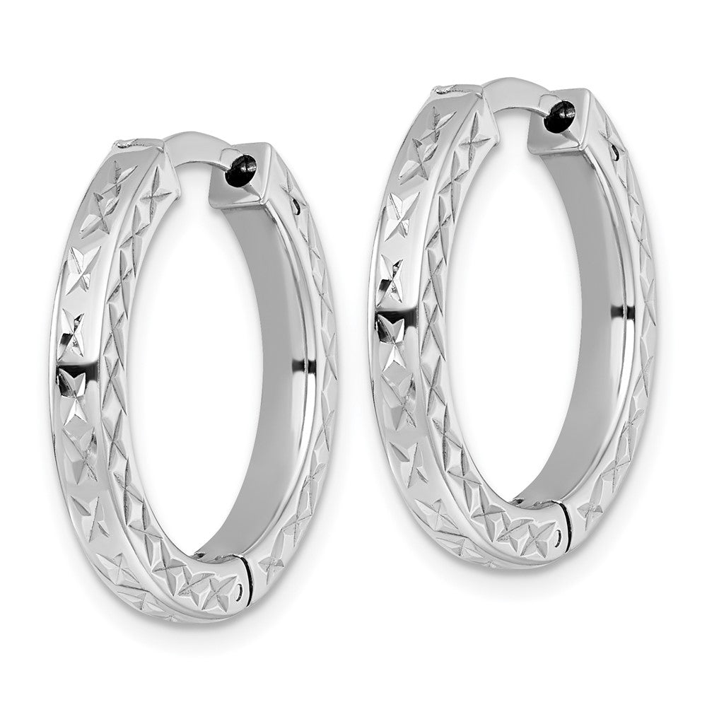 Sterling Silver Rh-Pltd Polish D/c 3x23mm Hinged Square Tube W/safety Lock Hoop Earrings