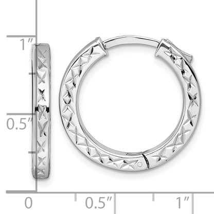 Sterling Silver Rh-Pltd Polish D/c 3x23mm Hinged Square Tube W/safety Lock Hoop Earrings