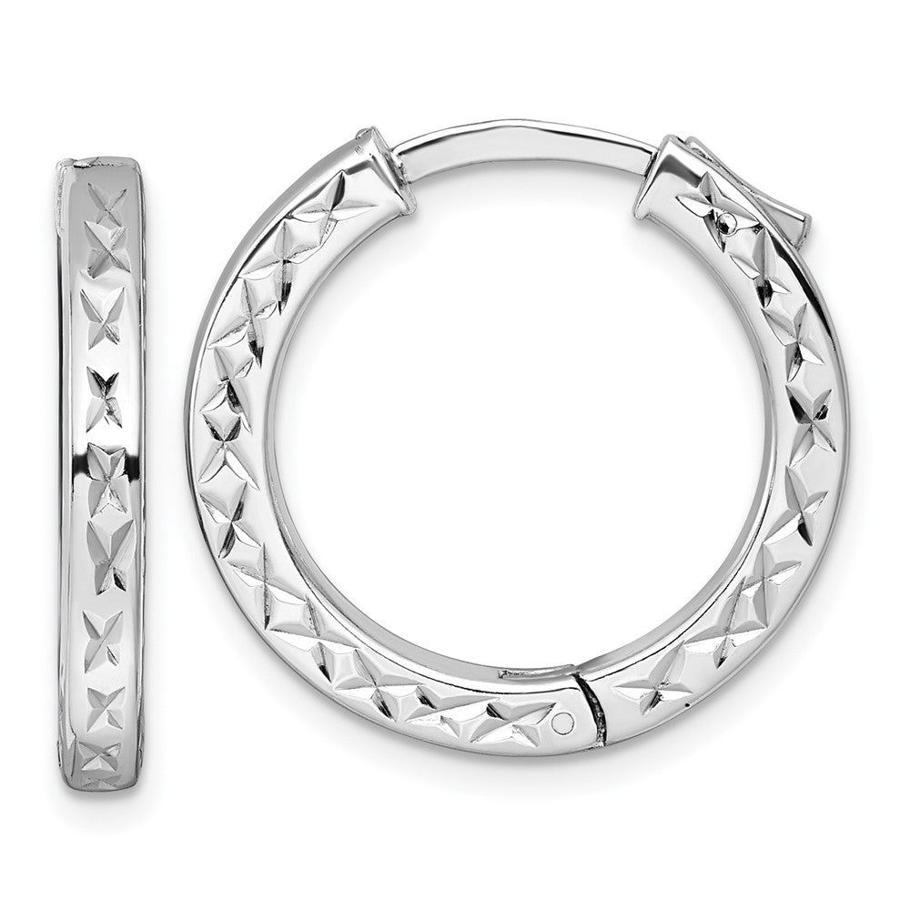 Sterling Silver Rh-Pltd Polish D/c 3x23mm Hinged Square Tube W/safety Lock Hoop Earrings