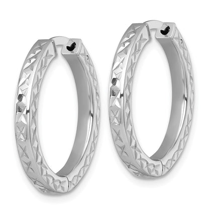 Sterling Silver Rh-Pltd Polish D/c 3x25mm Hinged Square Tube W/safety Lock Hoop Earrings