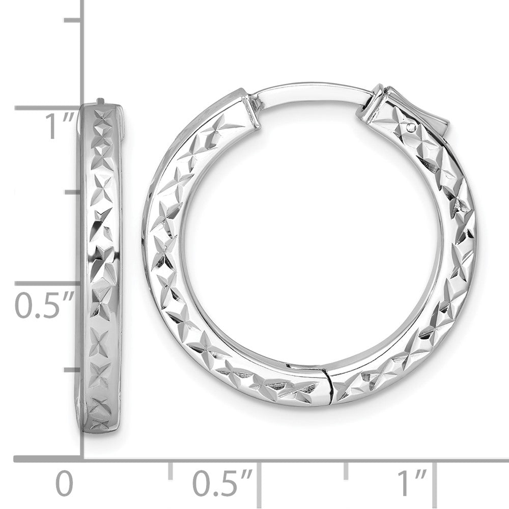 Sterling Silver Rh-Pltd Polish D/c 3x25mm Hinged Square Tube W/safety Lock Hoop Earrings