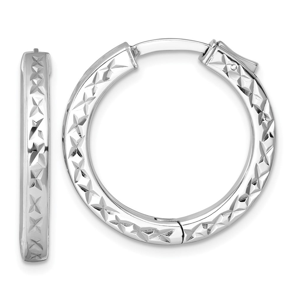 Sterling Silver Rh-Pltd Polish D/c 3x25mm Hinged Square Tube W/safety Lock Hoop Earrings