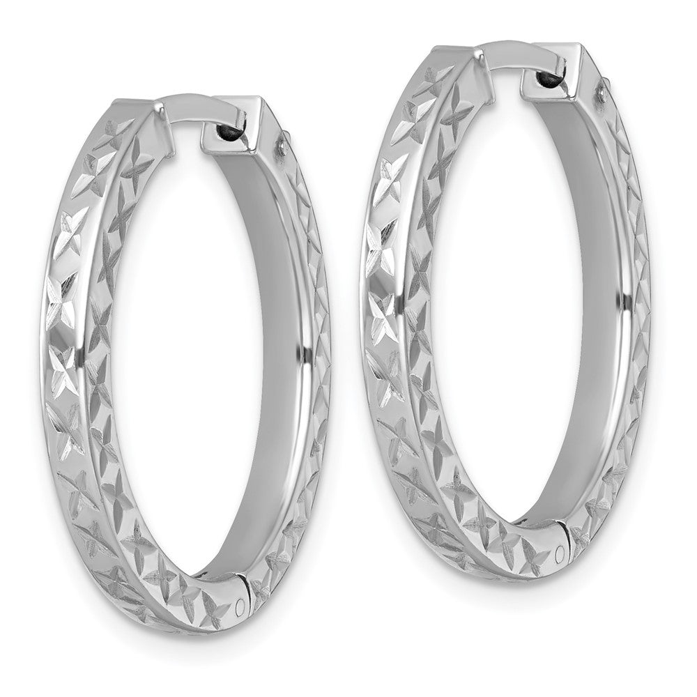Sterling Silver Rh-Pltd Polish D/c 3x28mm Hinged Square Tube W/safety Lock Hoop Earrings