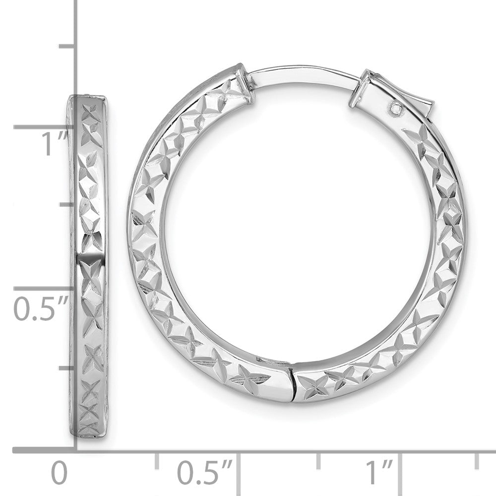 Sterling Silver Rh-Pltd Polish D/c 3x28mm Hinged Square Tube W/safety Lock Hoop Earrings