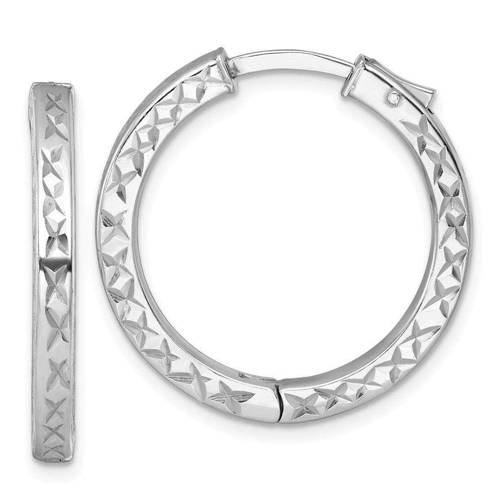 Sterling Silver Rh-Pltd Polish D/c 3x28mm Hinged Square Tube W/safety Lock Hoop Earrings