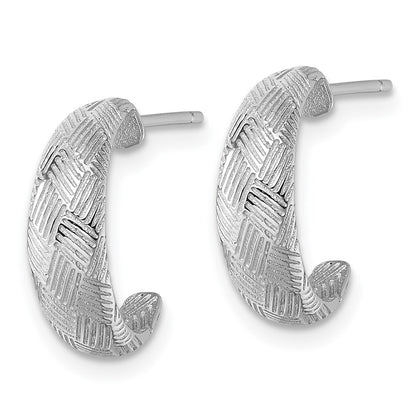 Sterling Silver Rhodium-Plated Textured Woven Design Post J-Hoop Earrings