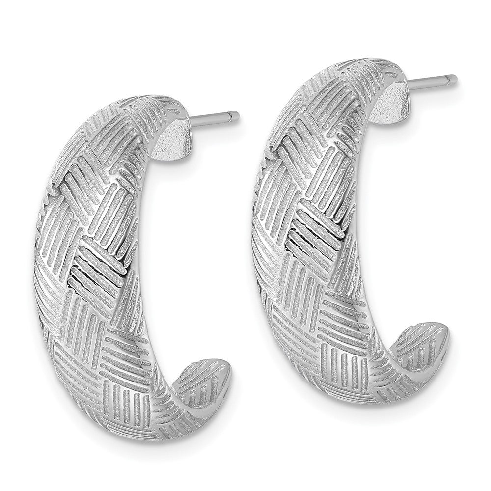 Sterling Silver Rhodium-Plated Textured Woven Design Post J-Hoop Earrings