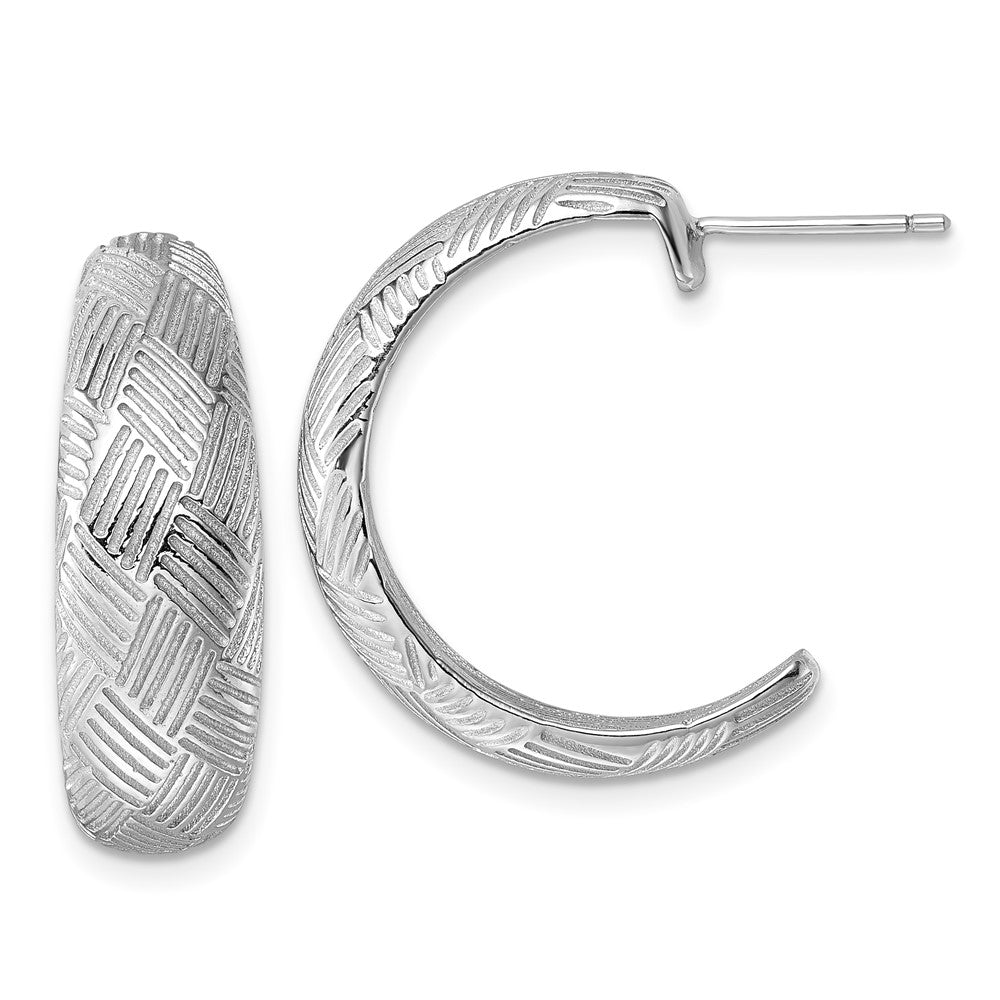 Sterling Silver Rhodium-Plated Textured Woven Design Post J-Hoop Earrings