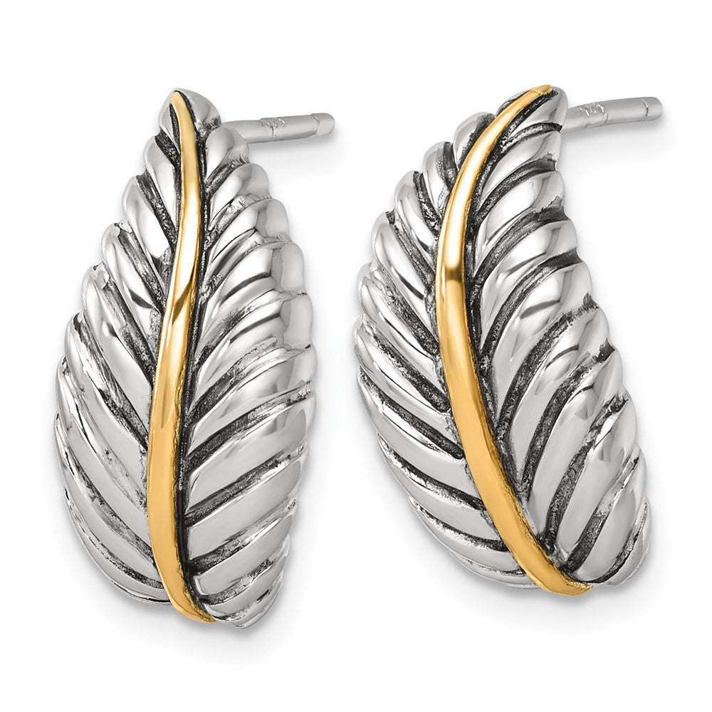 Sterling Silver Antiqued w/Silver/14K Two-Tone Accent Polished Feather Post Earrings